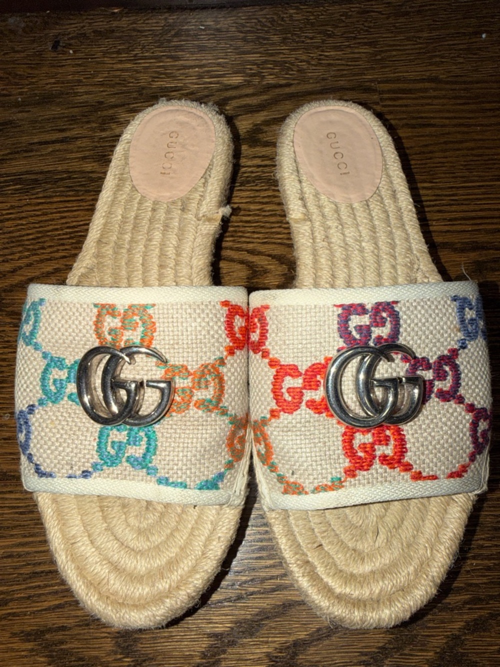 Gucci Cream Canvas Espadrille Slides with Rainbow GG Embroidery